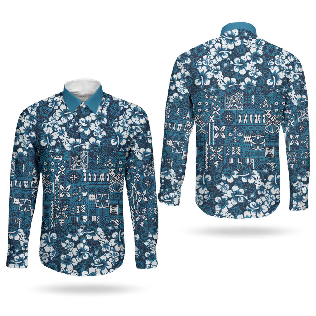 Blue Hawaiian Tapa Tribal Hibiscus Couples Matching Short Sleeve Bodycon Dress and Long Sleeve Button Shirt