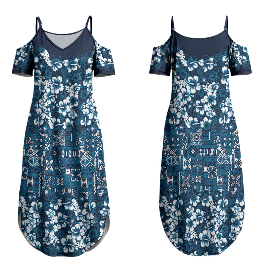 Blue Hawaiian Tapa Tribal Hibiscus Couples Matching Summer Maxi Dress and Long Sleeve Button Shirt