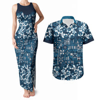 Blue Hawaiian Tapa Tribal Hibiscus Couples Matching Tank Maxi Dress and Hawaiian Shirt