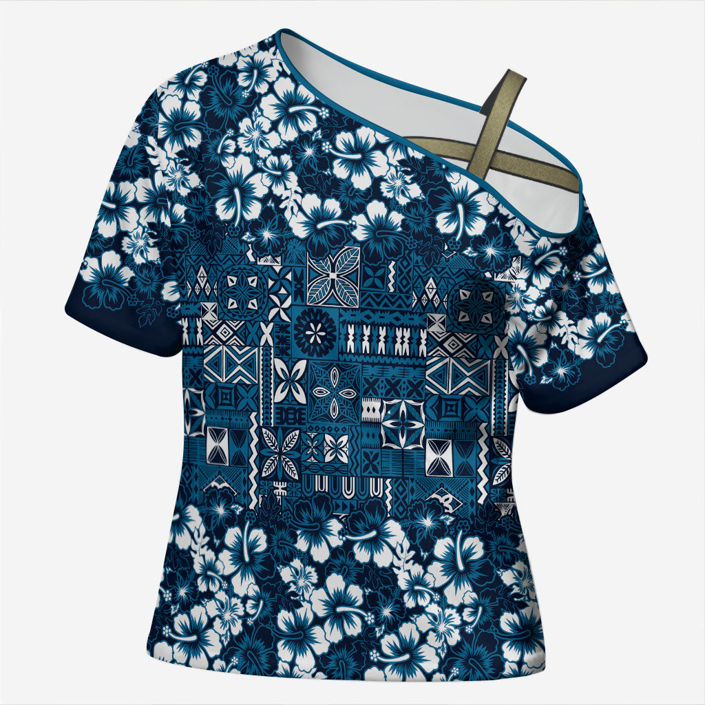 Blue Hawaiian Tapa Tribal Hibiscus Cross Shoulder Shirt