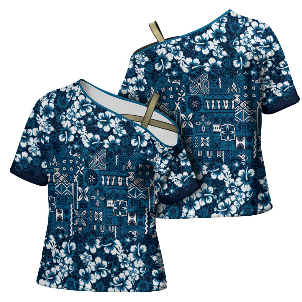 Blue Hawaiian Tapa Tribal Hibiscus Cross Shoulder Shirt