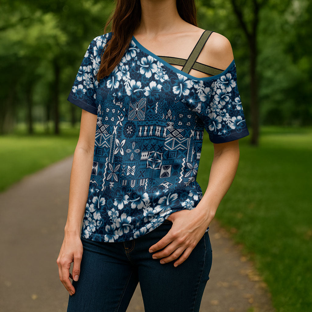 Blue Hawaiian Tapa Tribal Hibiscus Cross Shoulder Shirt