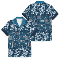 Blue Hawaiian Tapa Tribal Hibiscus Family Matching Long Sleeve Bodycon Dress and Hawaiian Shirt