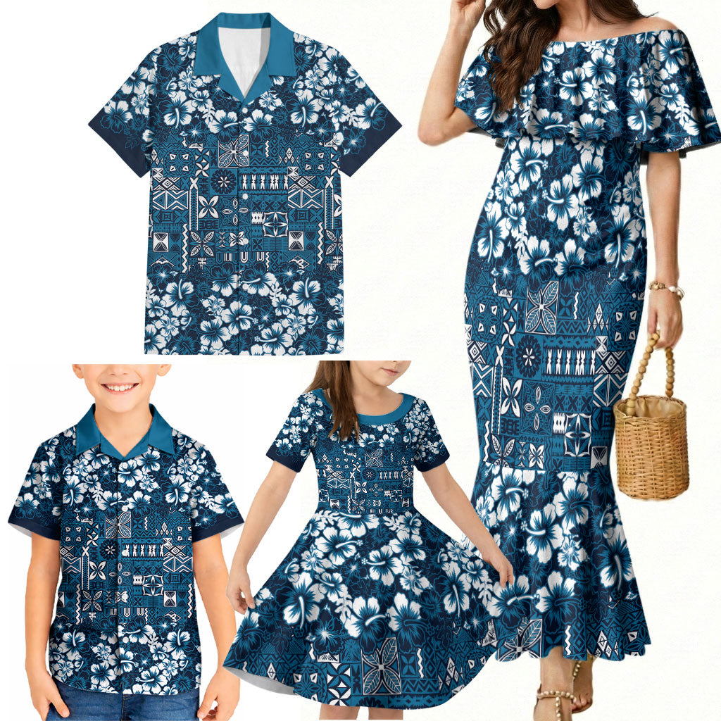 Blue Hawaiian Tapa Tribal Hibiscus Family Matching Mermaid Dress and Hawaiian Shirt LT9 - Polynesian Pride