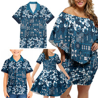 Blue Hawaiian Tapa Tribal Hibiscus Family Matching Off Shoulder Short Dress and Hawaiian Shirt