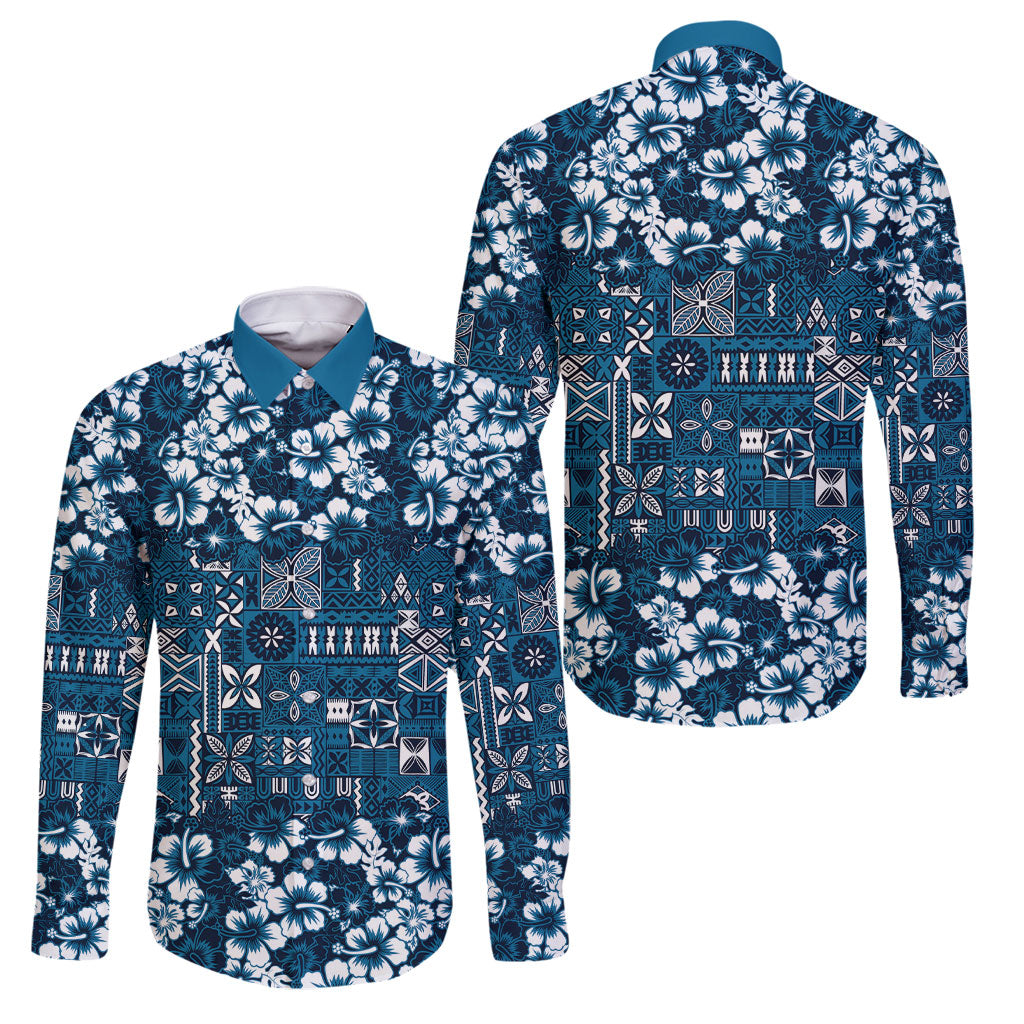 Blue Hawaiian Tapa Tribal Hibiscus Family Matching Puletasi and Hawaiian Shirt