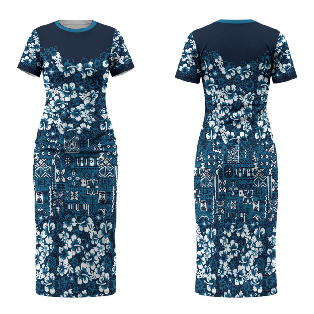 Blue Hawaiian Tapa Tribal Hibiscus Family Matching Short Sleeve Bodycon Dress and Hawaiian Shirt