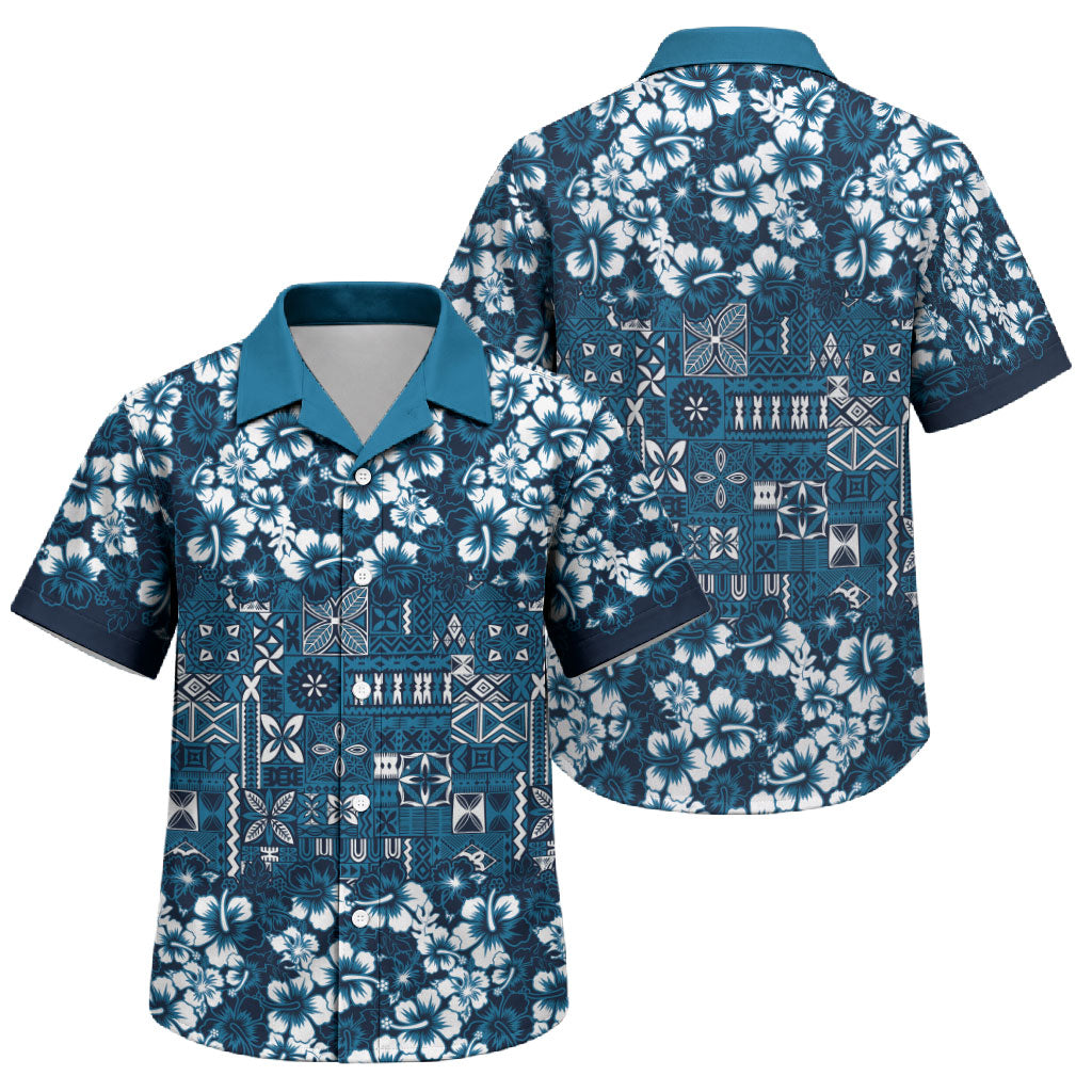Blue Hawaiian Tapa Tribal Hibiscus Family Matching Short Sleeve Bodycon Dress and Hawaiian Shirt