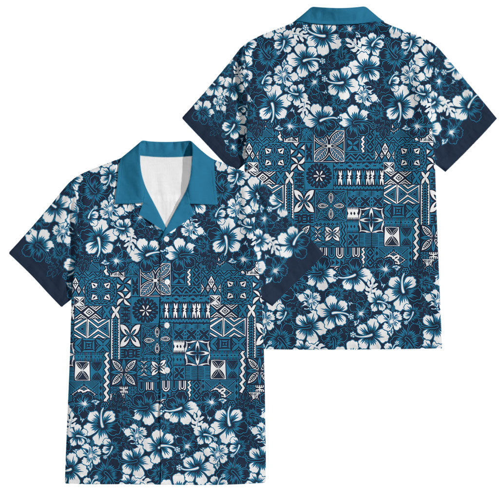 Blue Hawaiian Tapa Tribal Hibiscus Family Matching Summer Maxi Dress and Hawaiian Shirt