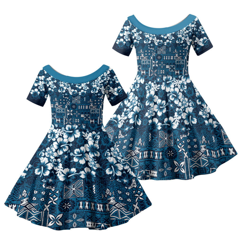 Blue Hawaiian Tapa Tribal Hibiscus Family Matching Summer Maxi Dress and Hawaiian Shirt