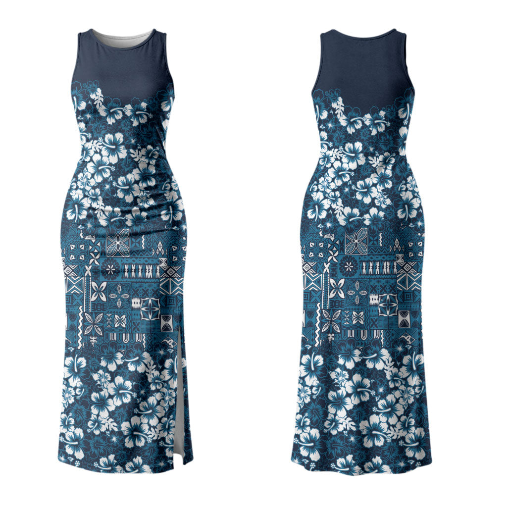Blue Hawaiian Tapa Tribal Hibiscus Family Matching Tank Maxi Dress and Hawaiian Shirt