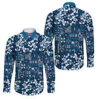 Blue Hawaiian Tapa Tribal Hibiscus Family Matching Tank Maxi Dress and Hawaiian Shirt