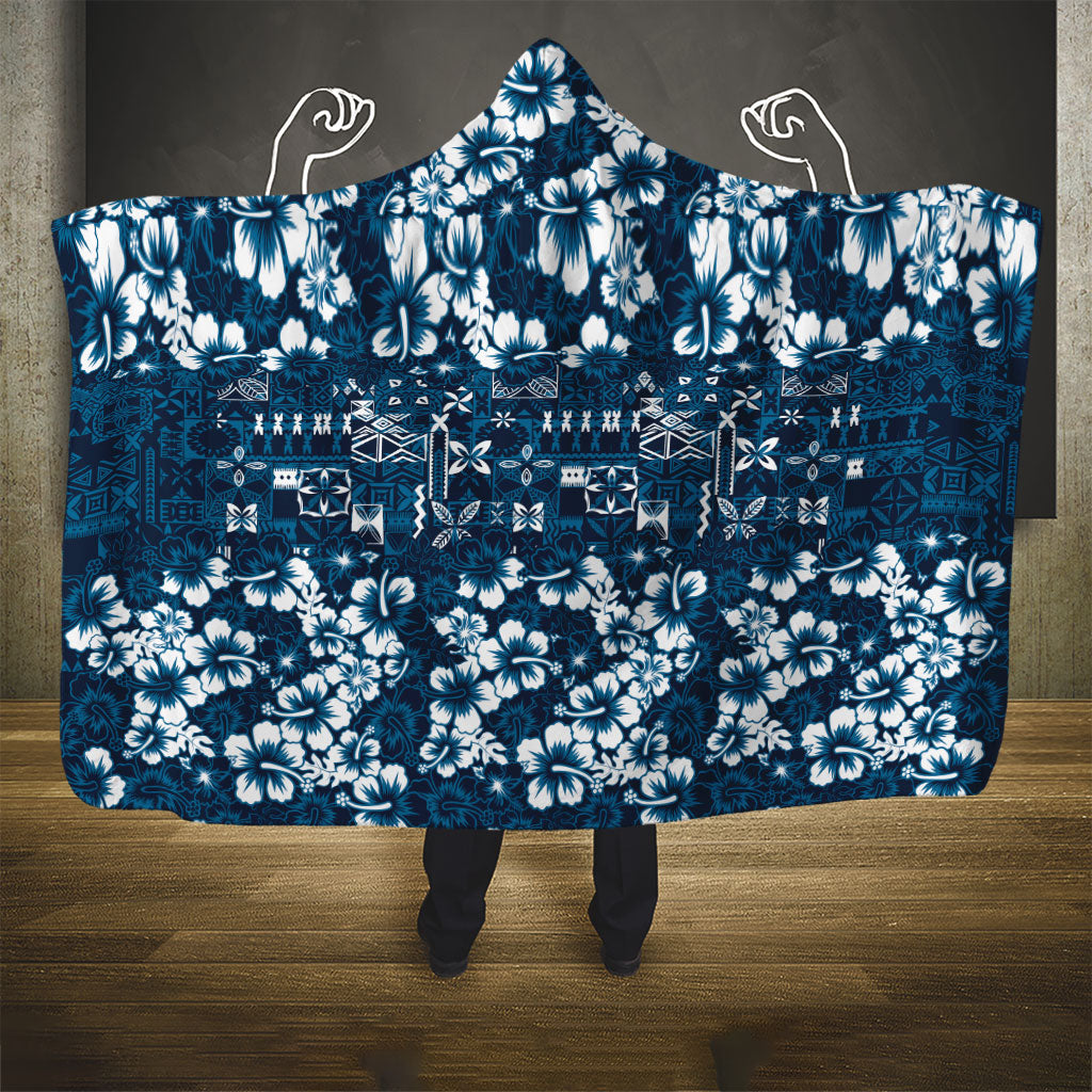 Blue Hawaiian Tapa Tribal Hibiscus Hooded Blanket