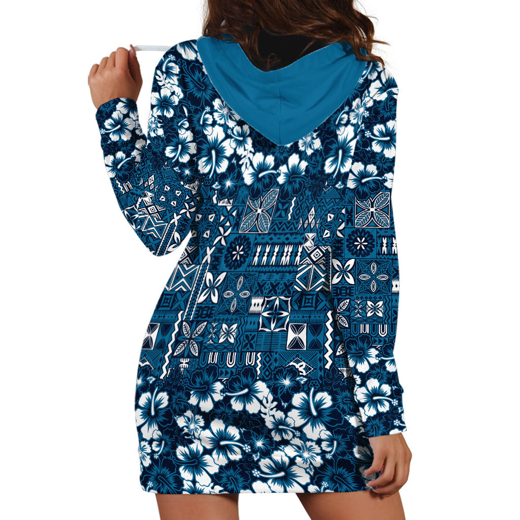 Blue Hawaiian Tapa Tribal Hibiscus Hoodie Dress