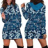 Blue Hawaiian Tapa Tribal Hibiscus Hoodie Dress