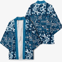 Blue Hawaiian Tapa Tribal Hibiscus Kimono