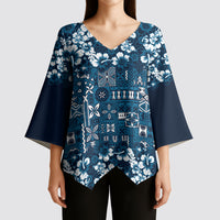 Blue Hawaiian Tapa Tribal Hibiscus Kimono Sleeve Blouse