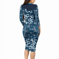 Blue Hawaiian Tapa Tribal Hibiscus Long Sleeve Bodycon Dress LT9 - Polynesian Pride