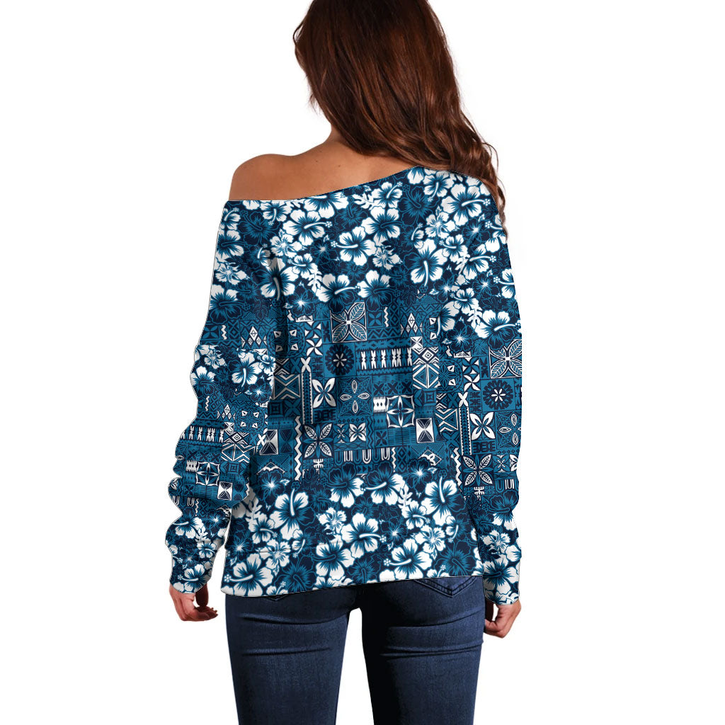 Blue Hawaiian Tapa Tribal Hibiscus Off Shoulder Sweater