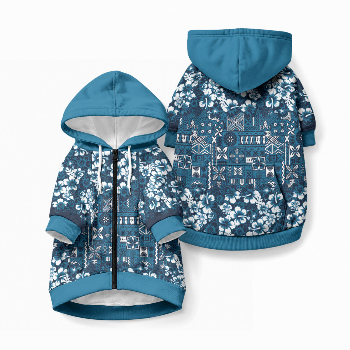 Blue Hawaiian Tapa Tribal Hibiscus Pet Hoodie LT9 Zip-up Blue - Polynesian Pride