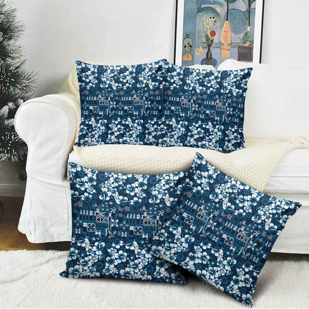 Blue Hawaiian Tapa Tribal Hibiscus Pillow Cover