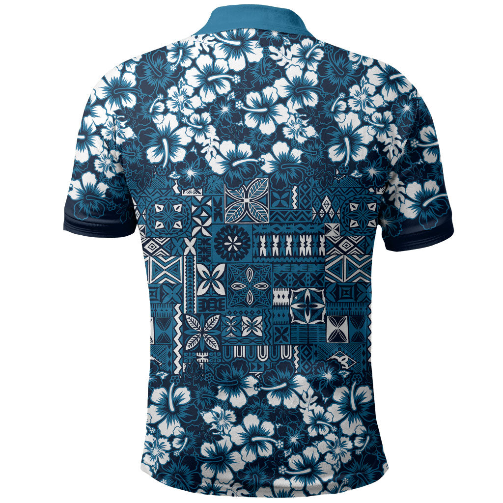 Blue Hawaiian Tapa Tribal Hibiscus Polo Shirt