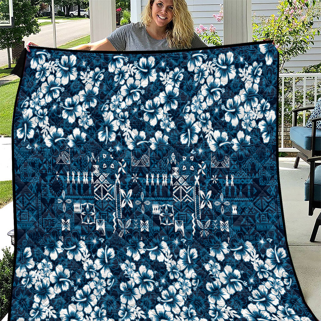 Blue Hawaiian Tapa Tribal Hibiscus Quilt