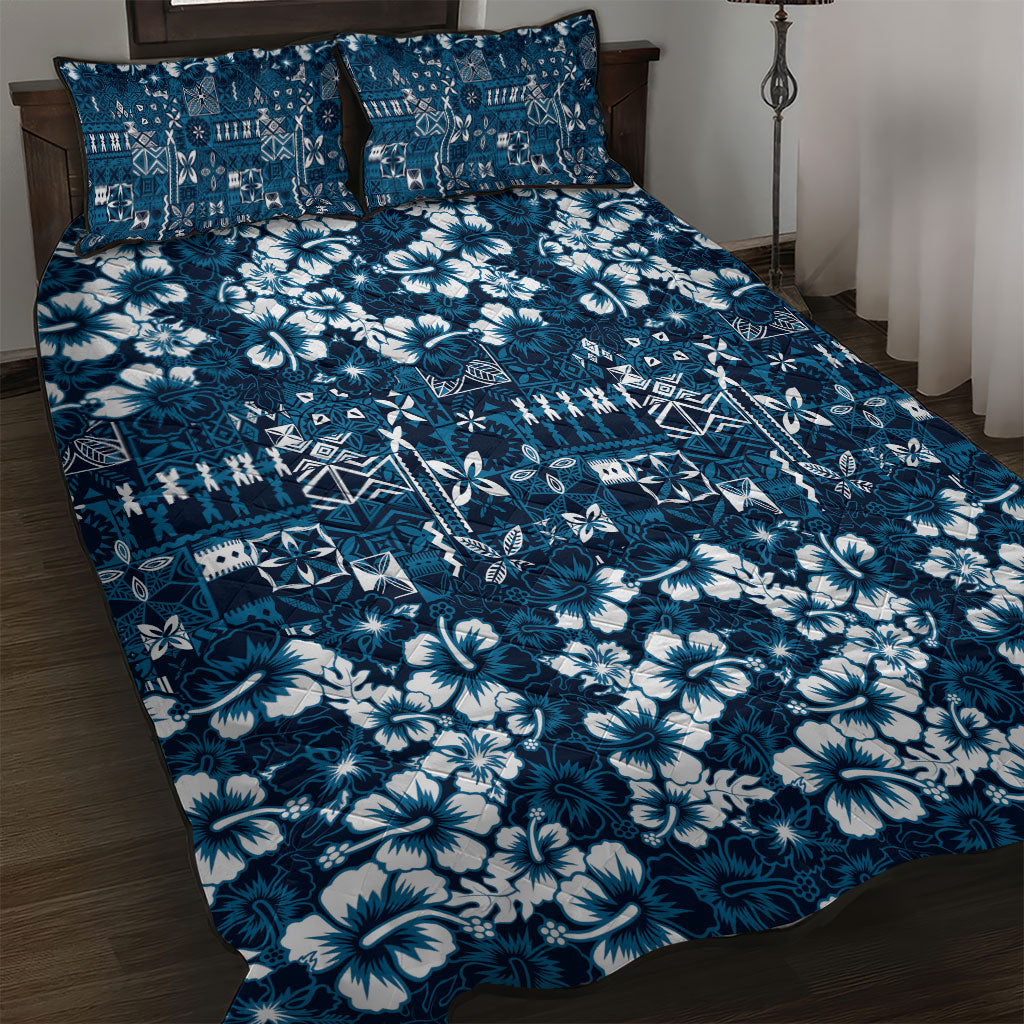 Blue Hawaiian Tapa Tribal Hibiscus Quilt Bed Set