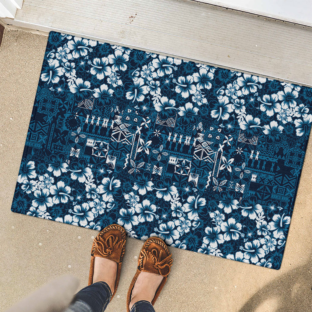 Blue Hawaiian Tapa Tribal Hibiscus Rubber Doormat
