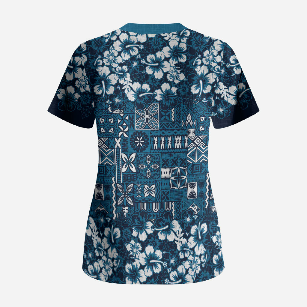 Blue Hawaiian Tapa Tribal Hibiscus Scrub Top