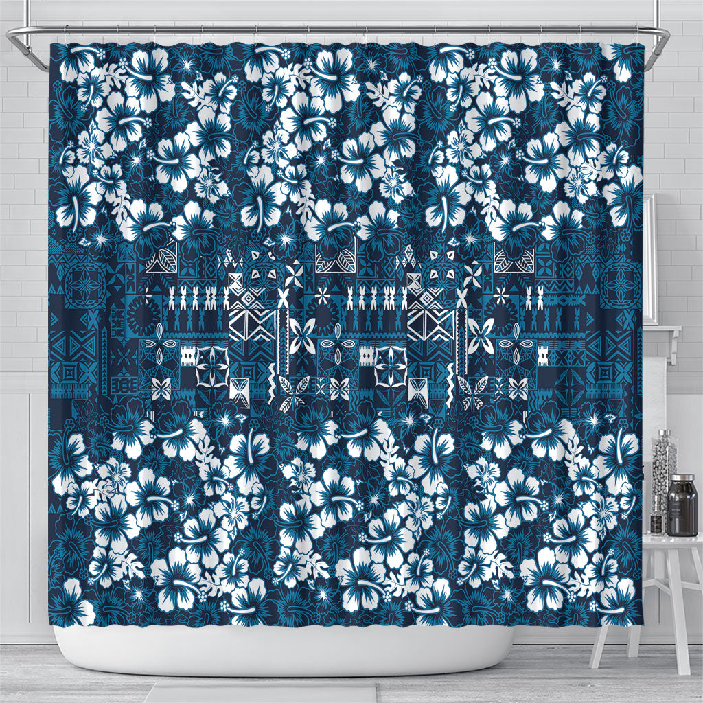 Blue Hawaiian Tapa Tribal Hibiscus Shower Curtain