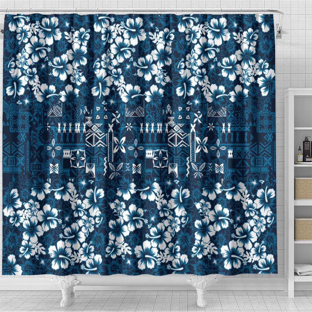Blue Hawaiian Tapa Tribal Hibiscus Shower Curtain