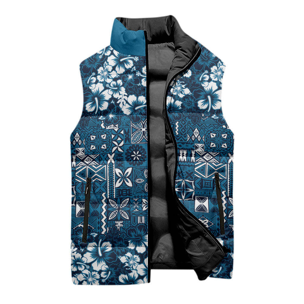 Blue Hawaiian Tapa Tribal Hibiscus Sleeveless Puffer Jacket