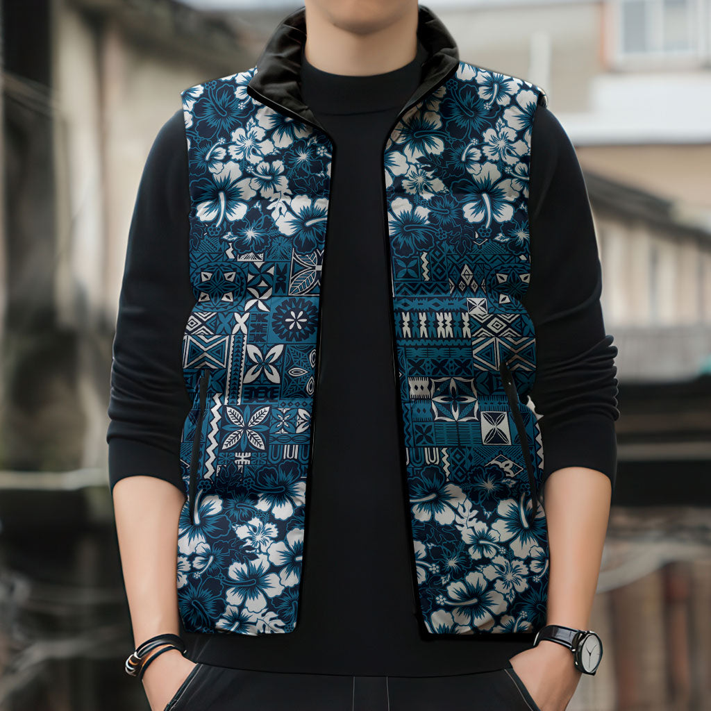 Blue Hawaiian Tapa Tribal Hibiscus Sleeveless Puffer Jacket