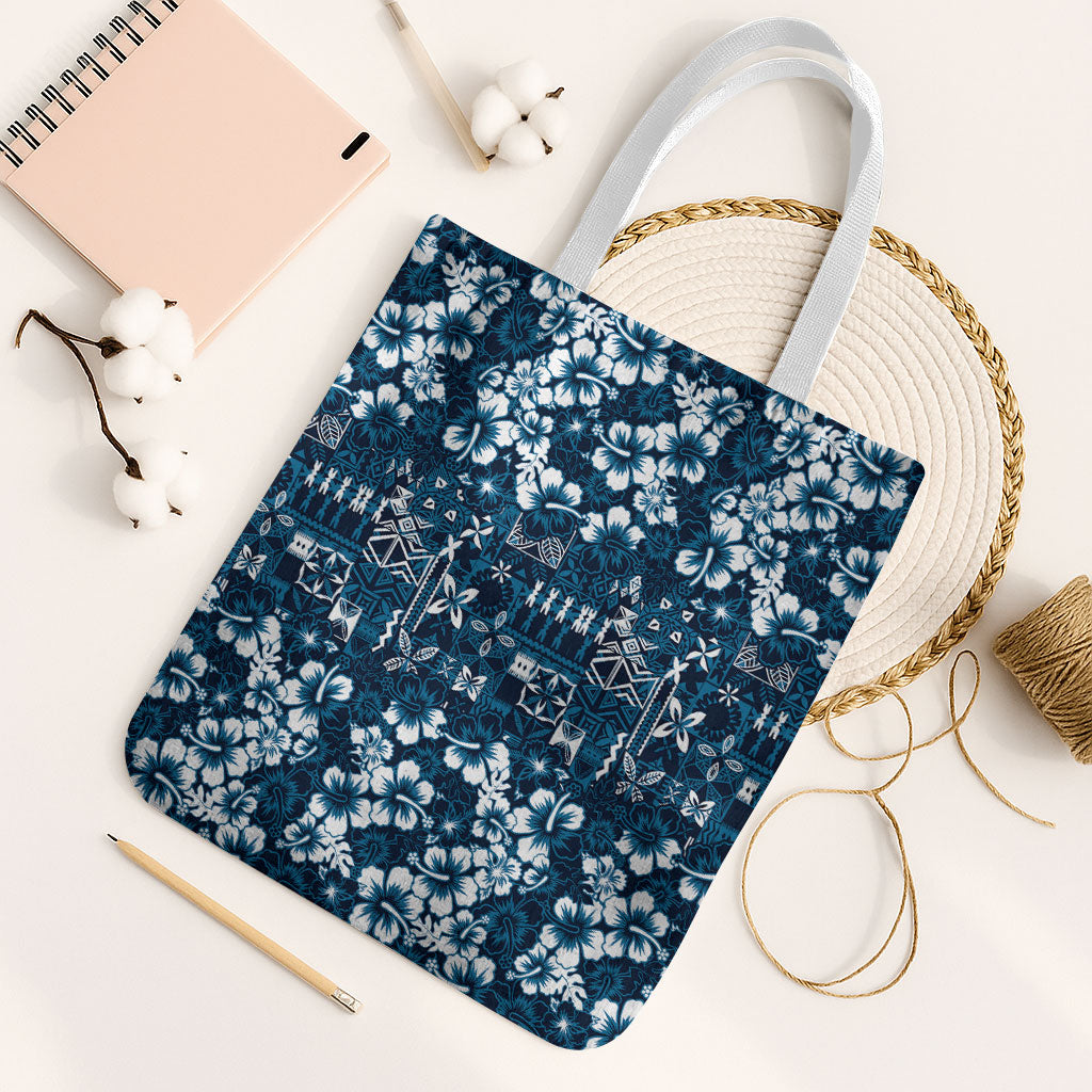 Blue Hawaiian Tapa Tribal Hibiscus Tote Bag