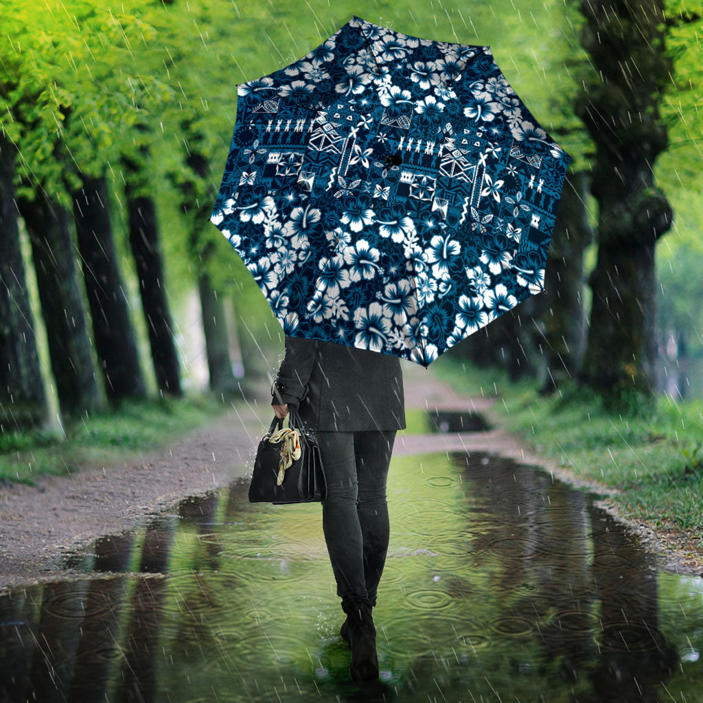 Blue Hawaiian Tapa Tribal Hibiscus Umbrella