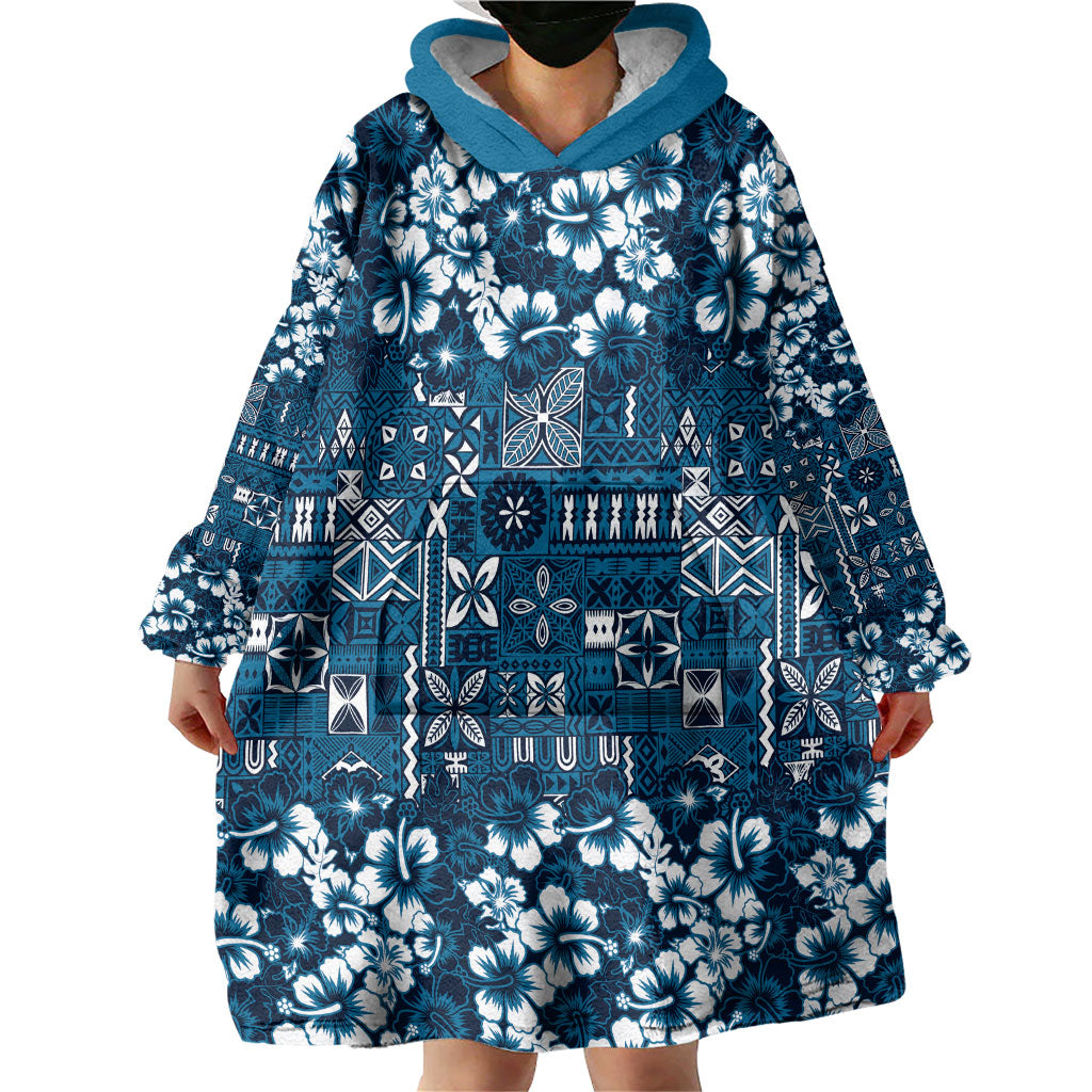 Blue Hawaiian Tapa Tribal Hibiscus Wearable Blanket Hoodie