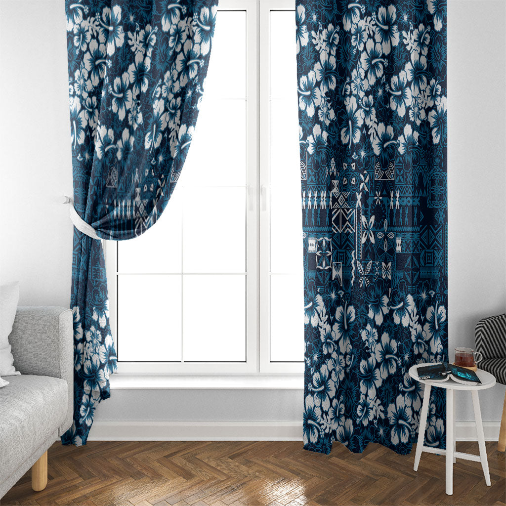 Blue Hawaiian Tapa Tribal Hibiscus Window Curtain