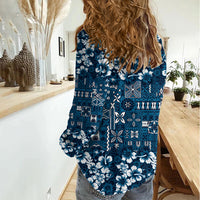 Blue Hawaiian Tapa Tribal Hibiscus Women Casual Shirt