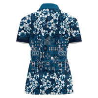 Blue Hawaiian Tapa Tribal Hibiscus Women Polo Shirt