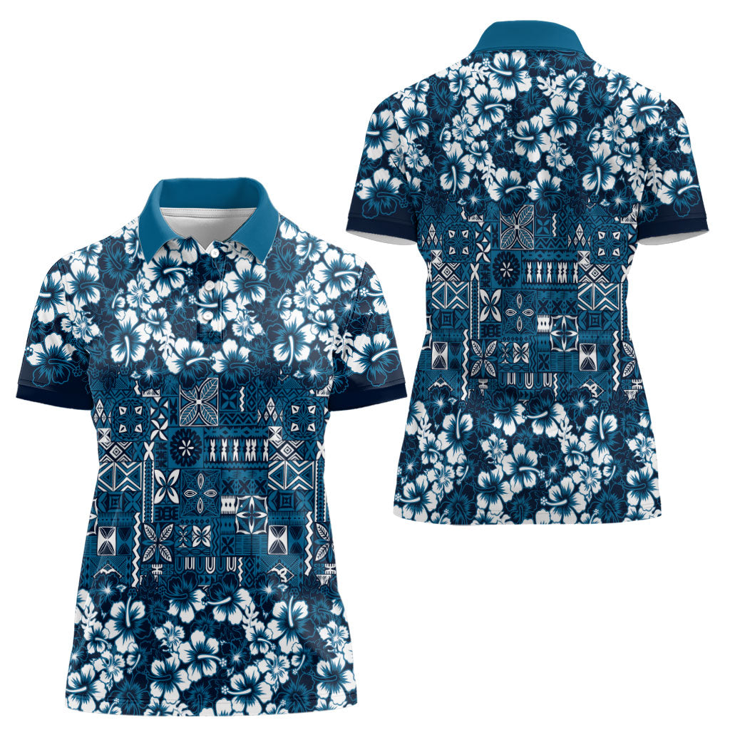 Blue Hawaiian Tapa Tribal Hibiscus Women Polo Shirt
