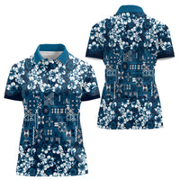 Blue Hawaiian Tapa Tribal Hibiscus Women Polo Shirt