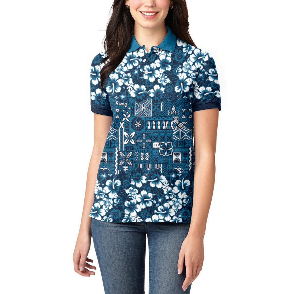 Blue Hawaiian Tapa Tribal Hibiscus Women Polo Shirt
