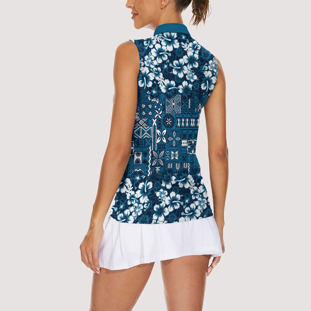Blue Hawaiian Tapa Tribal Hibiscus Women Sleeveless Polo Shirt