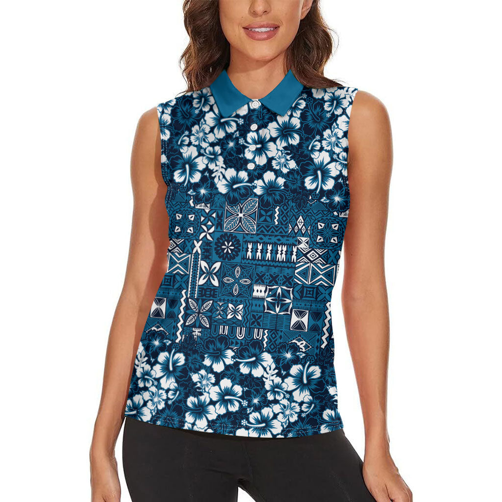 Blue Hawaiian Tapa Tribal Hibiscus Women Sleeveless Polo Shirt