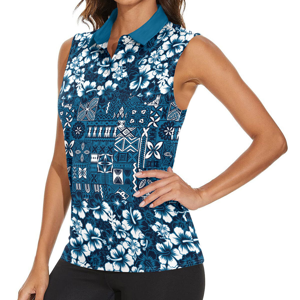 Blue Hawaiian Tapa Tribal Hibiscus Women Sleeveless Polo Shirt