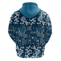 Blue Hawaiian Tapa Tribal Hibiscus Zip Hoodie