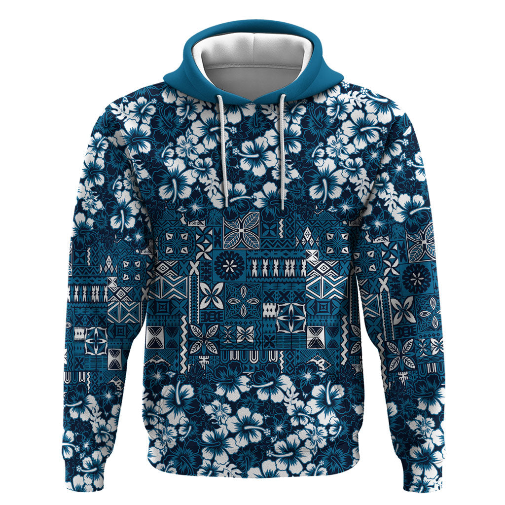 Blue Hawaiian Tapa Tribal Hibiscus Zip Hoodie