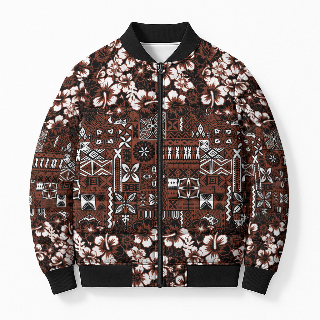 Burgundy Hawaiian Tapa Tribal Hibiscus Bomber Puffer Jacket