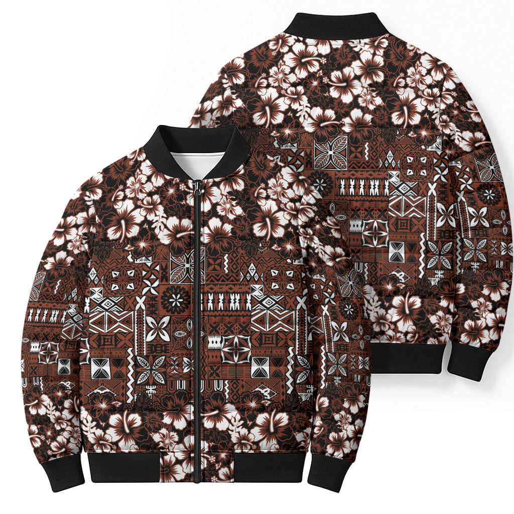 Burgundy Hawaiian Tapa Tribal Hibiscus Bomber Puffer Jacket